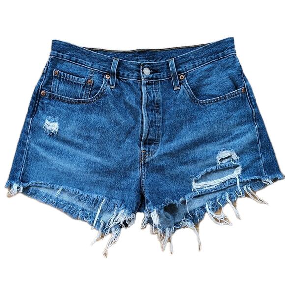 LEVI'S 501 High Rise Short Button Fly Distressed Raw Hem 100% Cotton Women's W29 - Picture 1 of 5